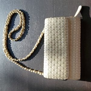 Big Buddha pocketbook with detachable gold chain shoulder strap. Tan with gold.